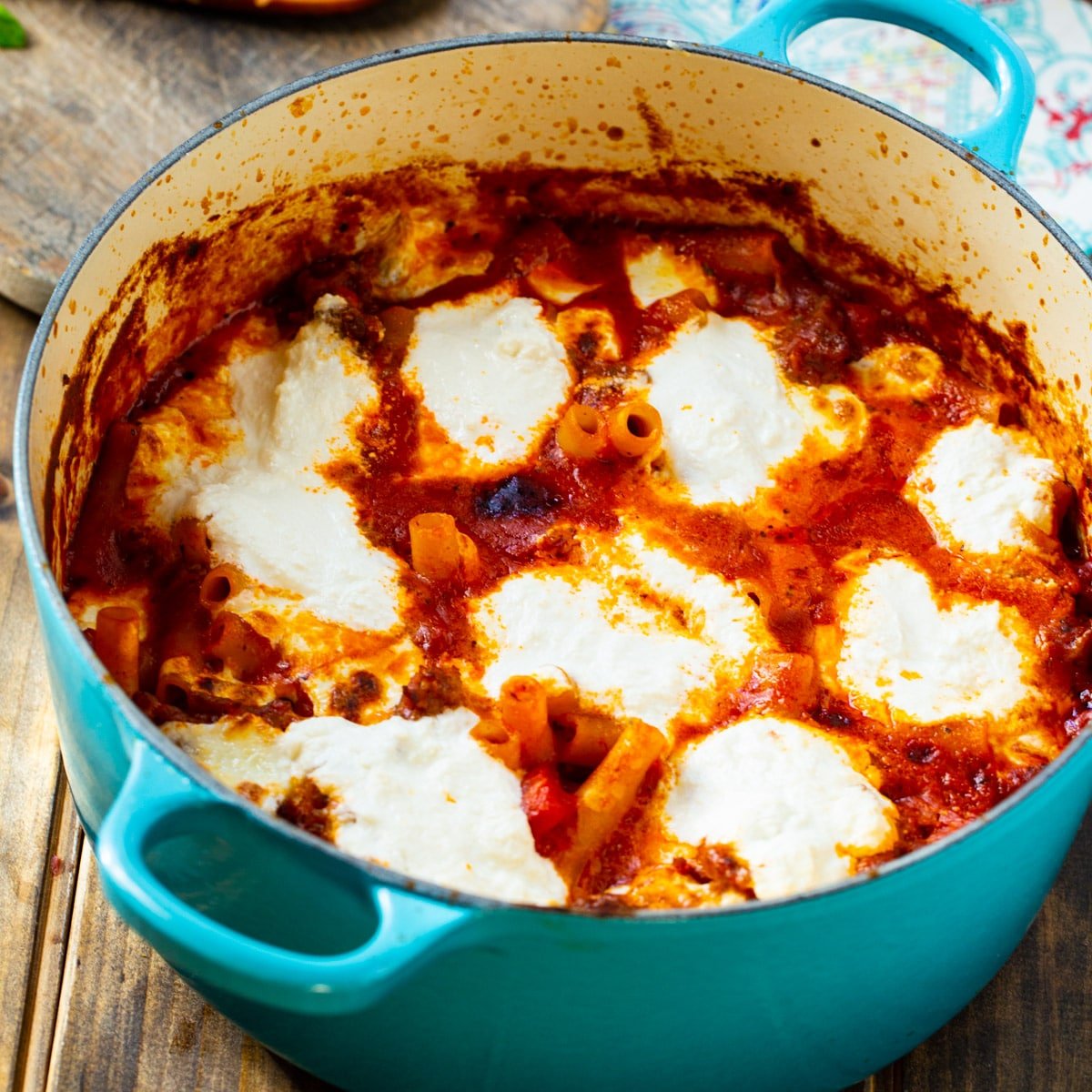 One-Pot Ziti with Sausage in Dutch oven.