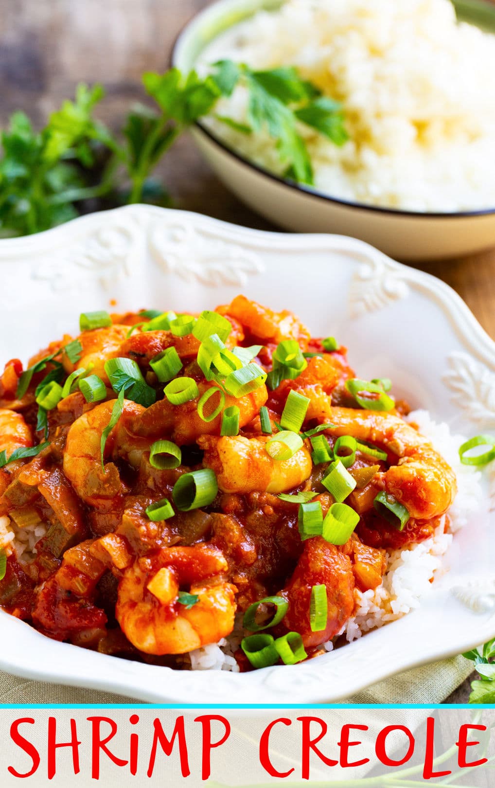 Shrimp Creole served over white rice in a pasta bowl.