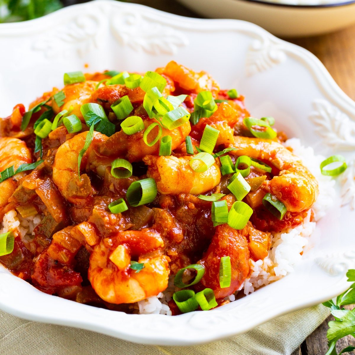 Easy Shrimp Creole over rice in a bowl.