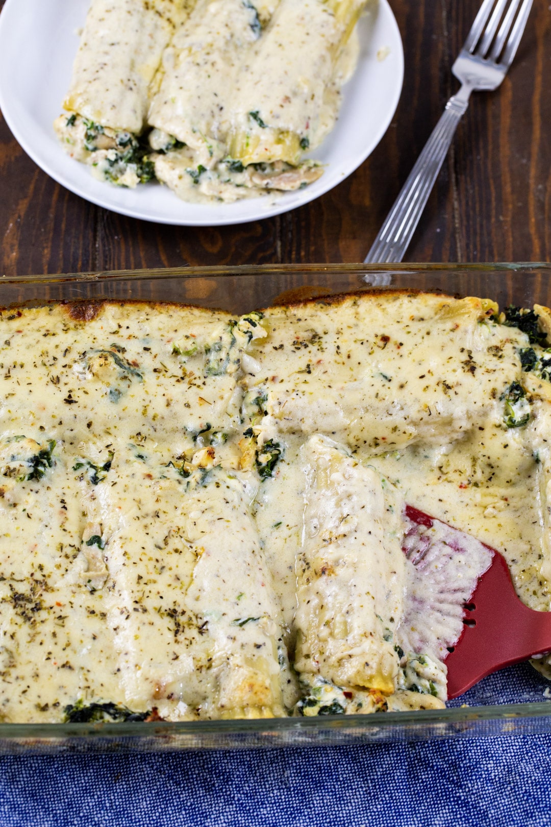 Chicken Florentine Manicotti in baking dish.