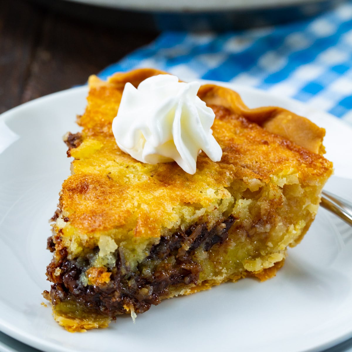 Slice of Buttermilk Coconut Pie topped with whipped cream.