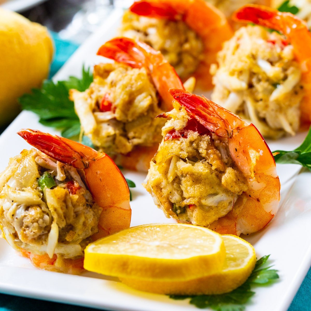 Crab Cake Stuffed Shrimp on serving plate.
