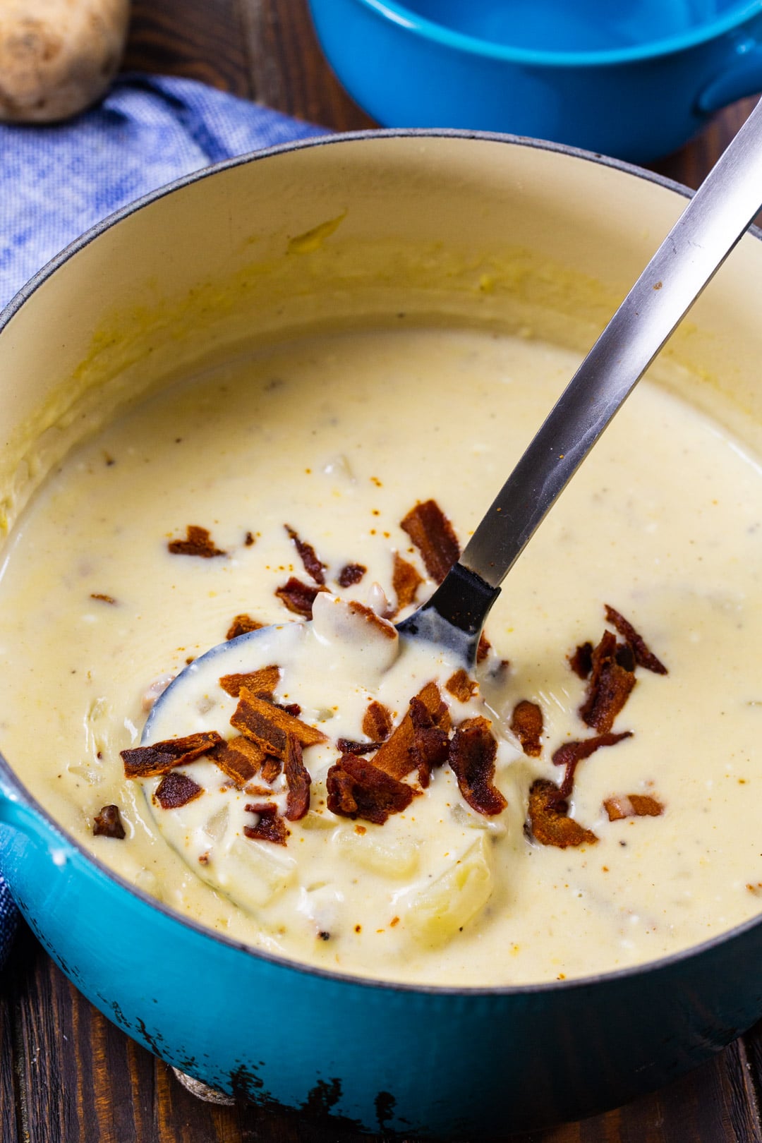 Easy Bacon and Potato Soup in a Dutch oven.