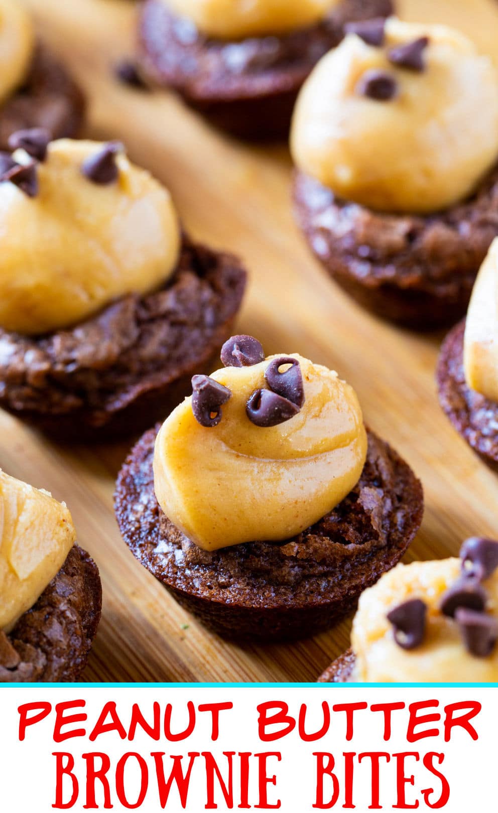 Peanut Butter Brownie Bites on a wood board.