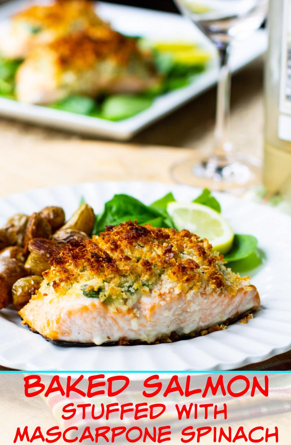 Baked Salmon Stuffed with Mascarpone Spinach on a plate.