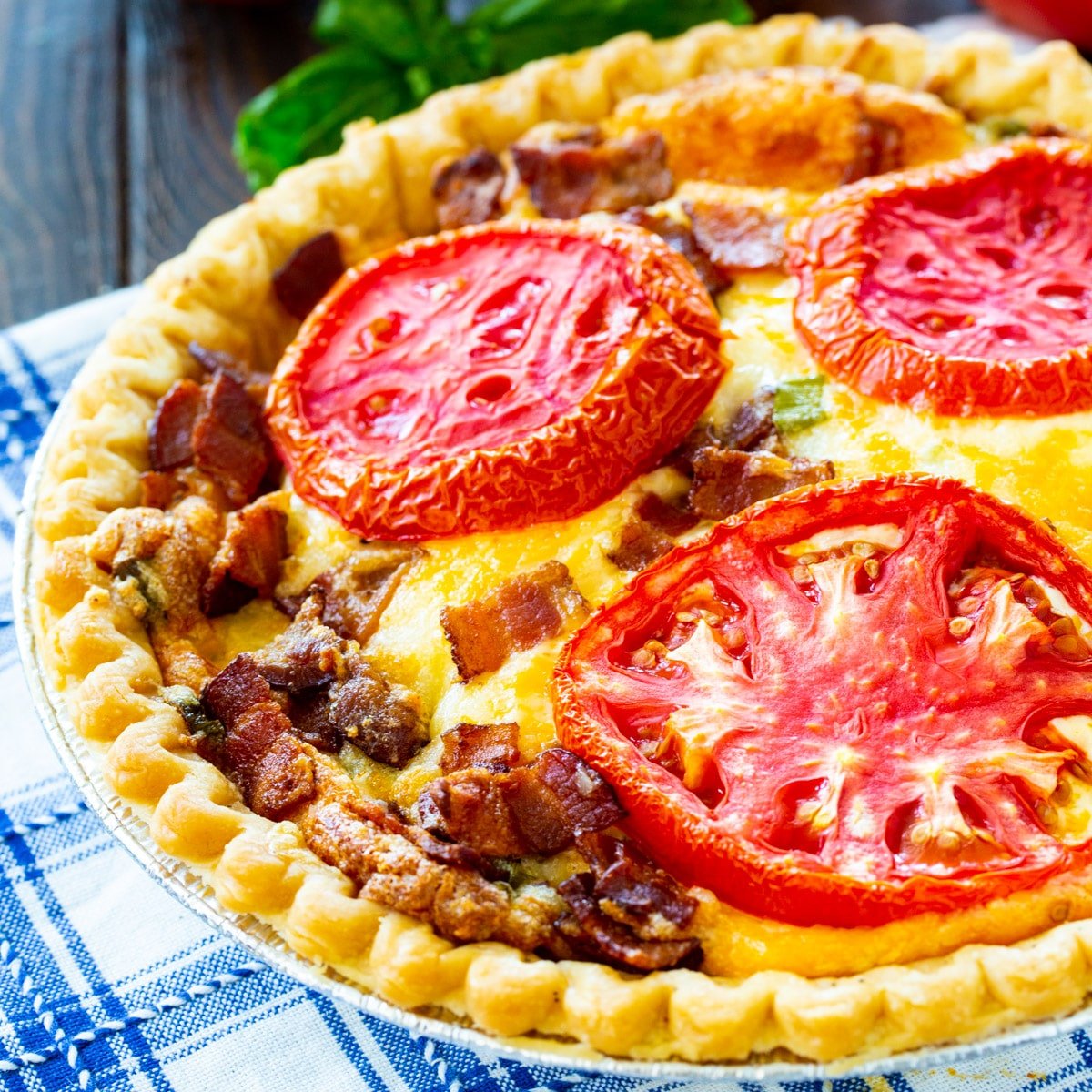 Whole Tomato Pie with Bacon in pie pan.
