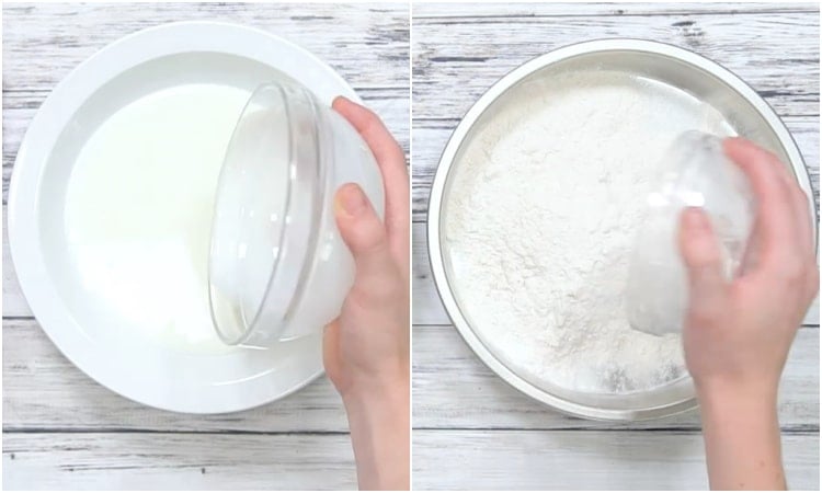 Buttermilk in shallow dish and flour in pie plate.