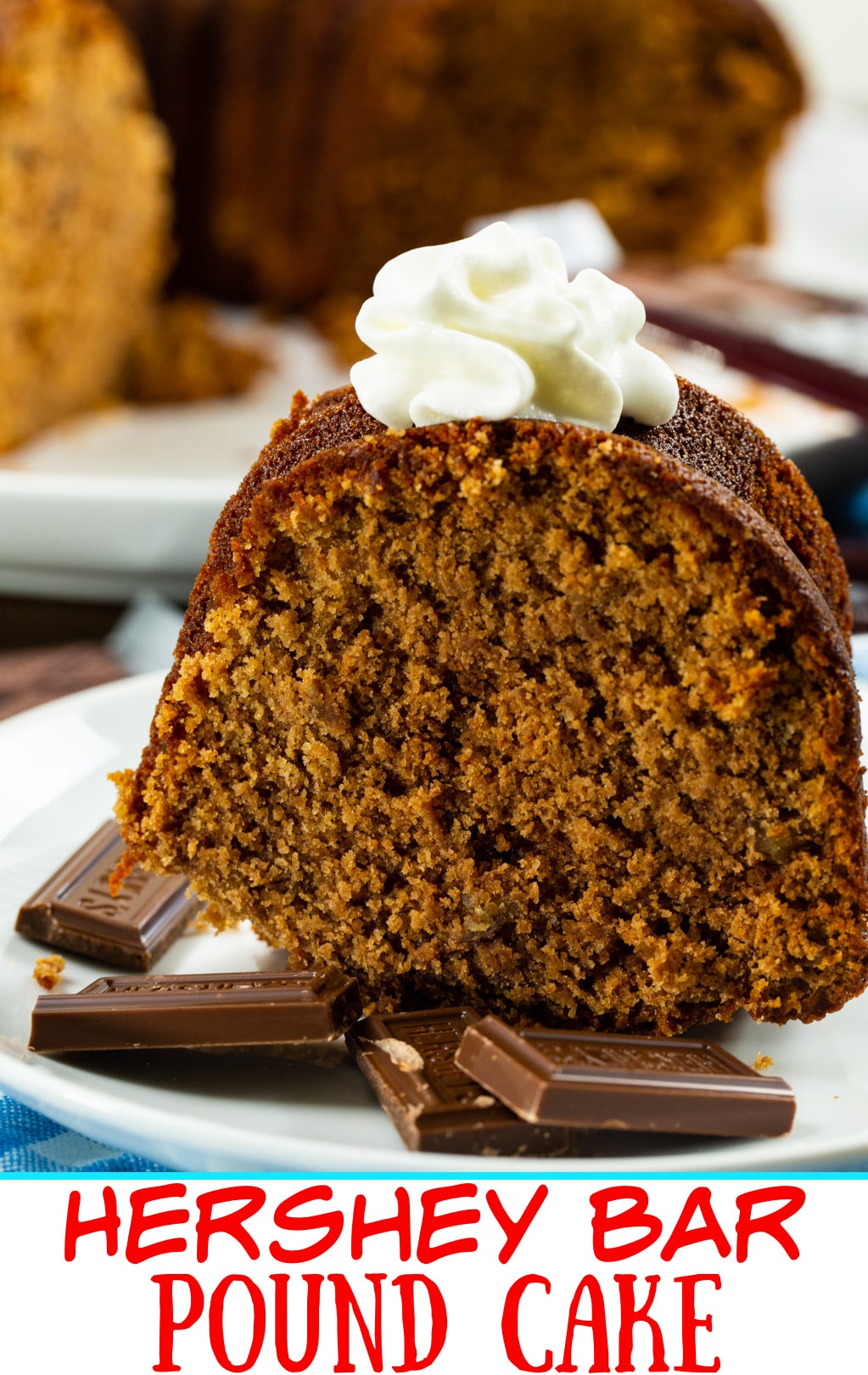 Hershey Bar Pound Cake slice on a plate.