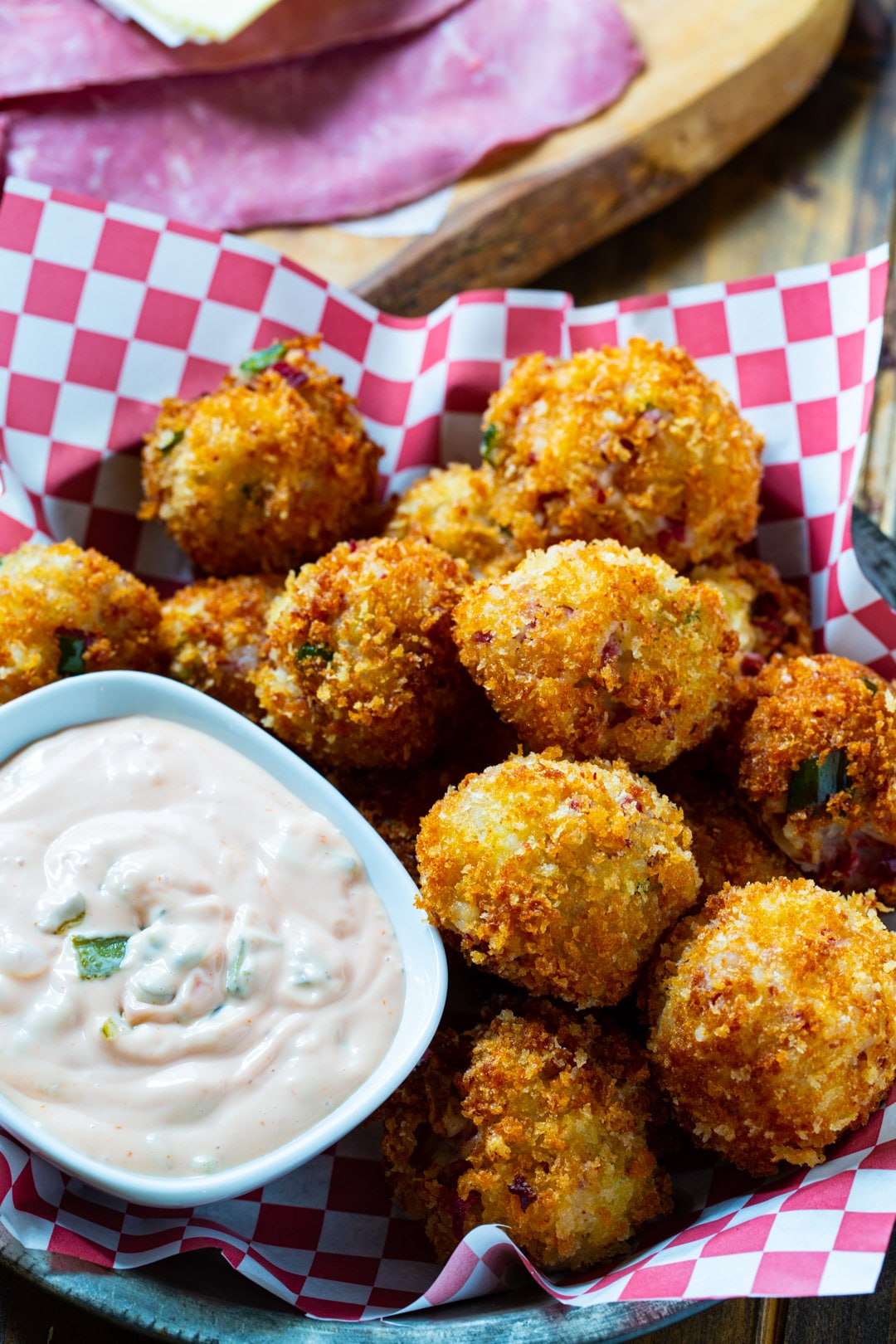 Reuben Fritters in basket.