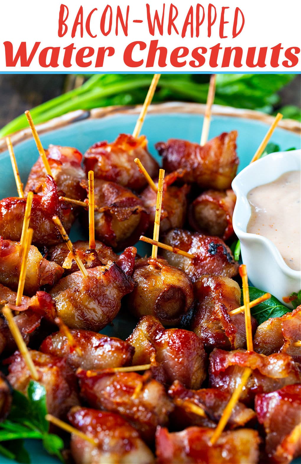 Bacon-Wrapped Water Chestnuts with toothpicks sticking out of them.