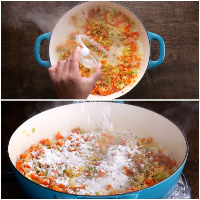 Adding seasonings and flour.