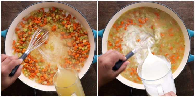 Adding chicken broth and cream.