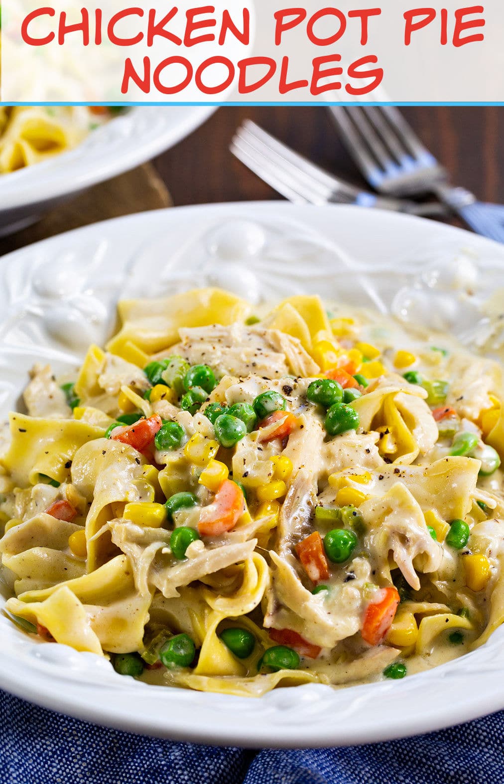 Chicken Pot Pie Noodles dished up in a pasta bowl.