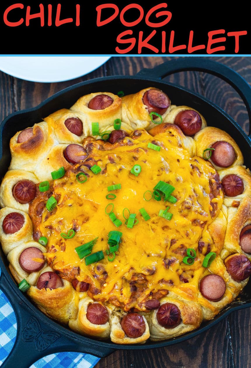 Chili Dog Skillet in a cast iron skillet.