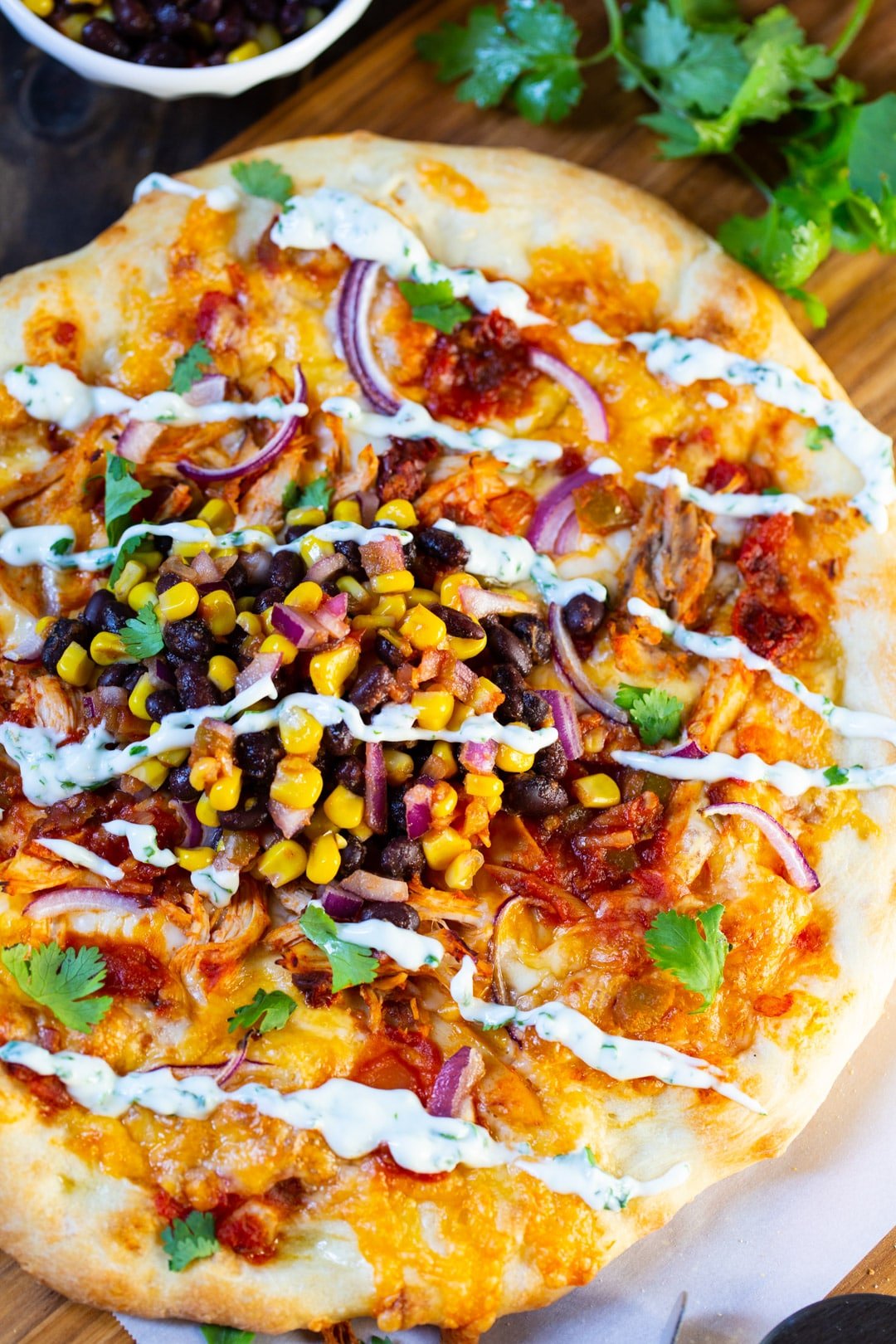 Overhead view of Chipotle Chicken Pizza