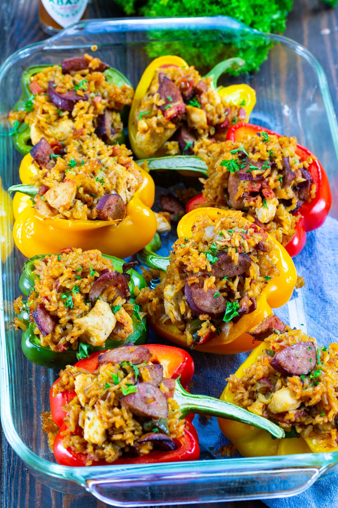 Jambalaya Stuffed Peppers in baking dish.