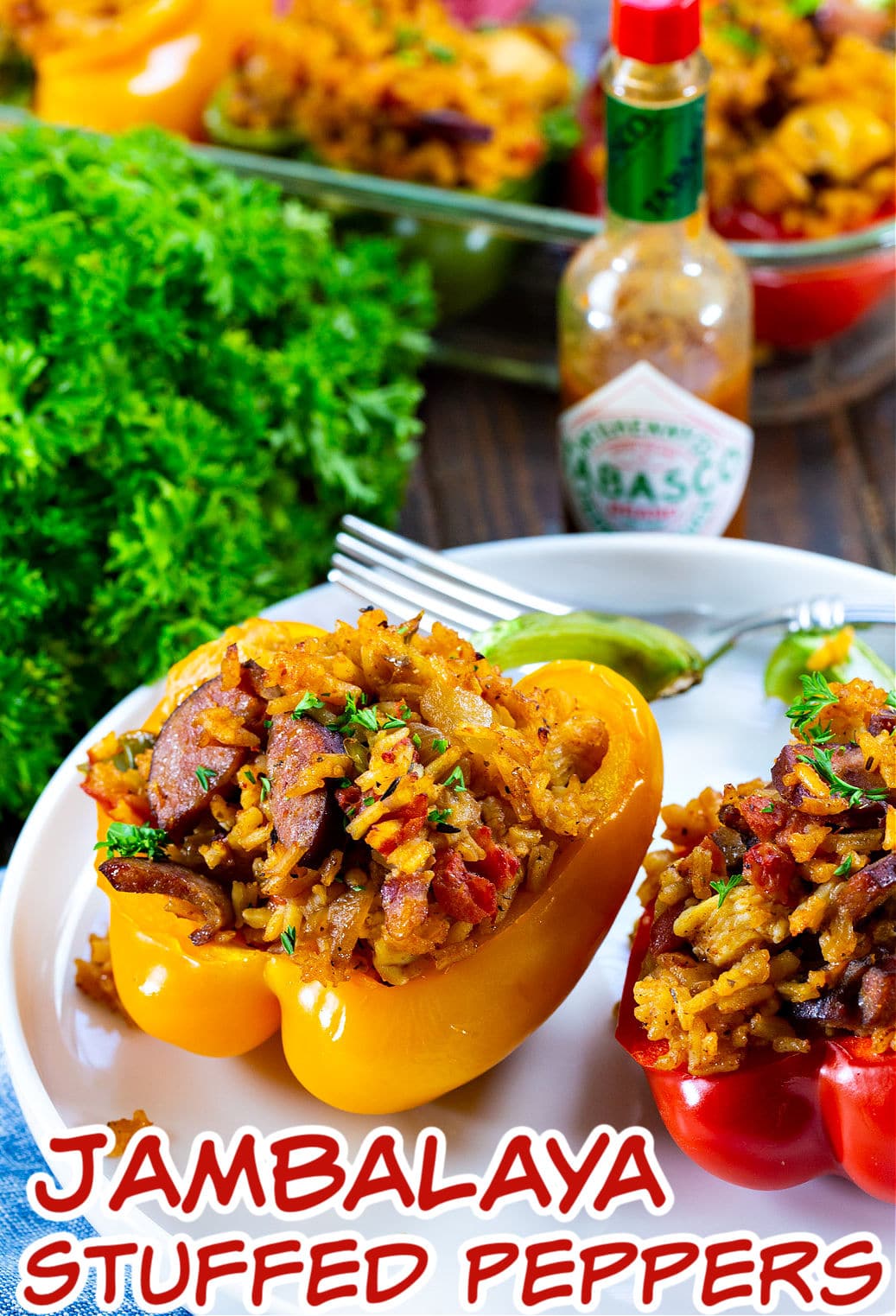 Jambalaya Stuffed Peppers on a white plate.