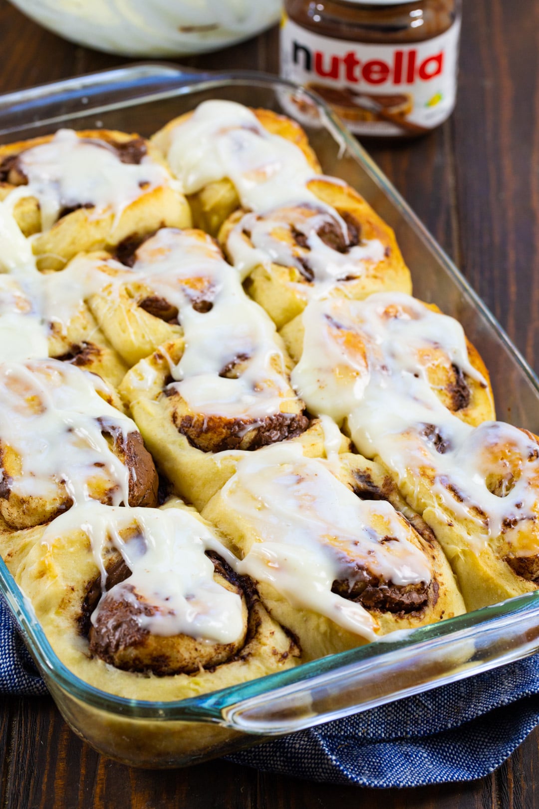 Nutella Cinnamon Rolls in a baking dish.