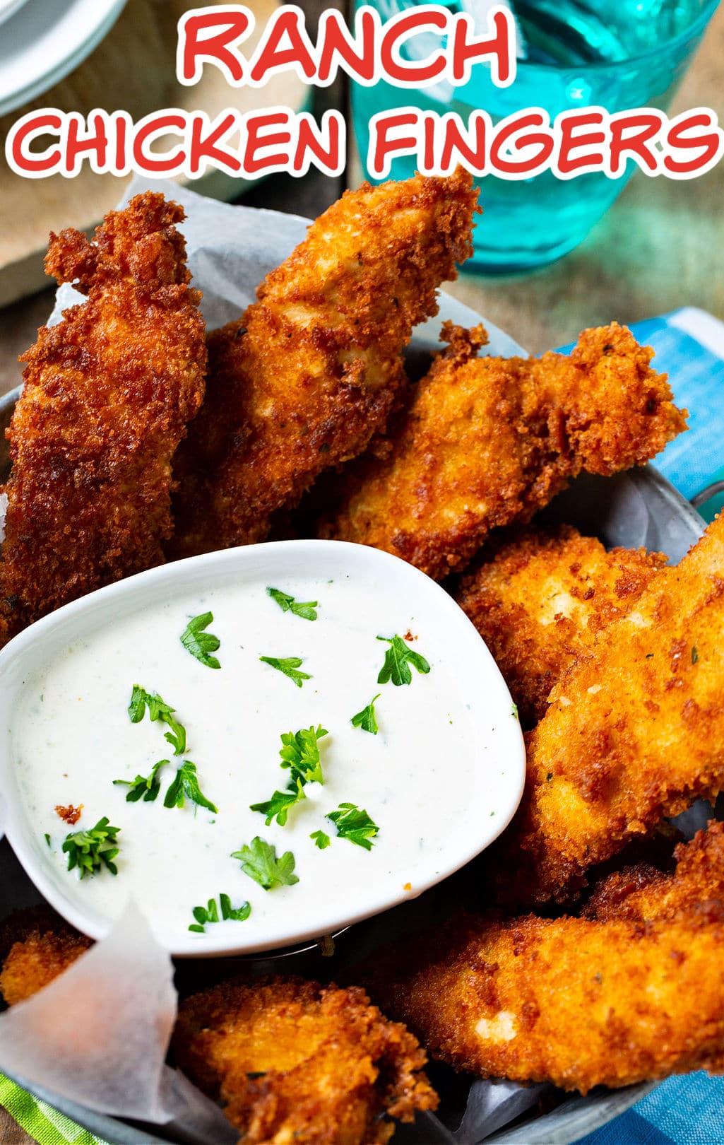Ranch Chicken Fingers and a bowl with ranch dressing.