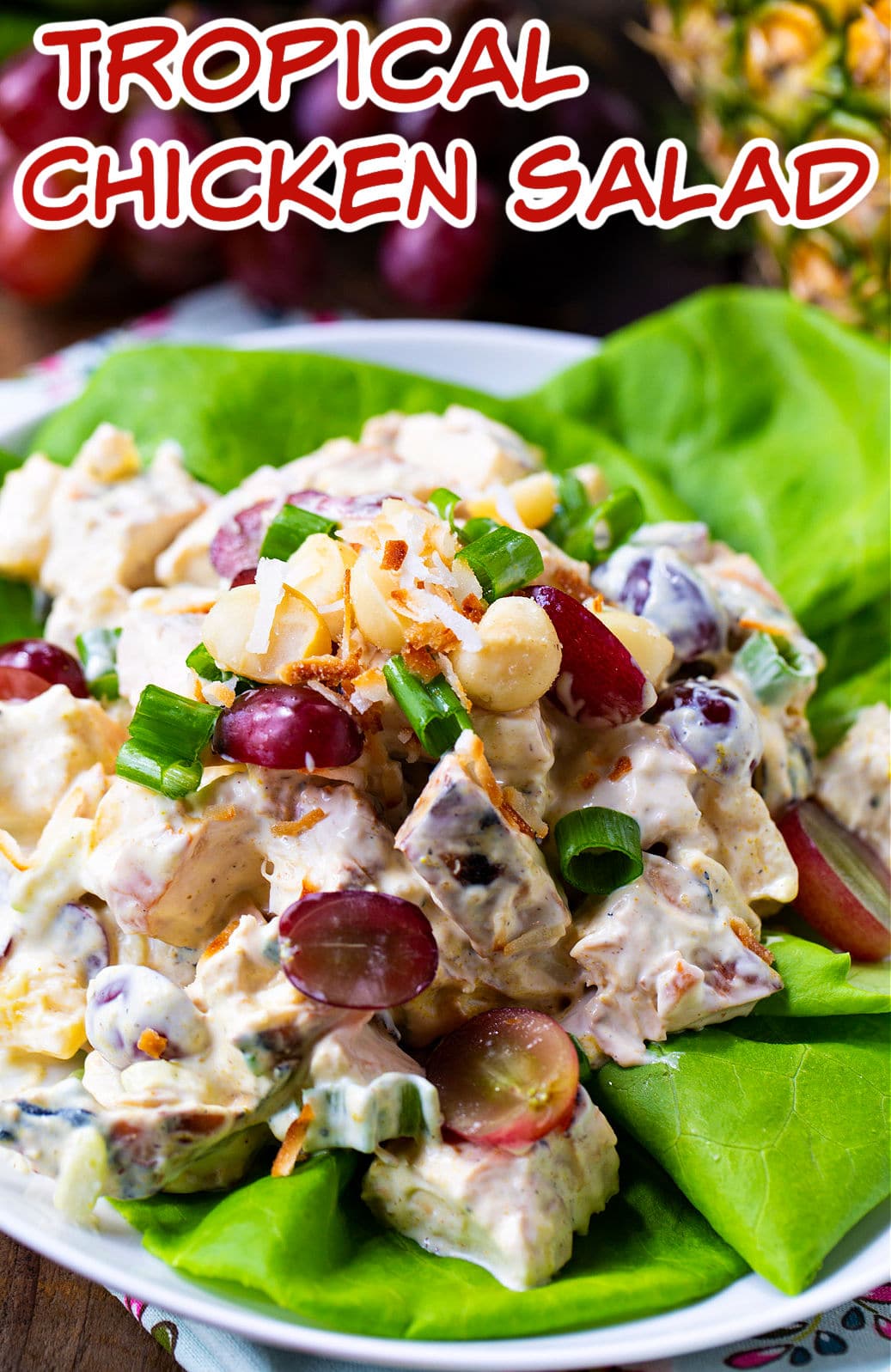 Tropical Chicken Salad on a bed of lettuce.