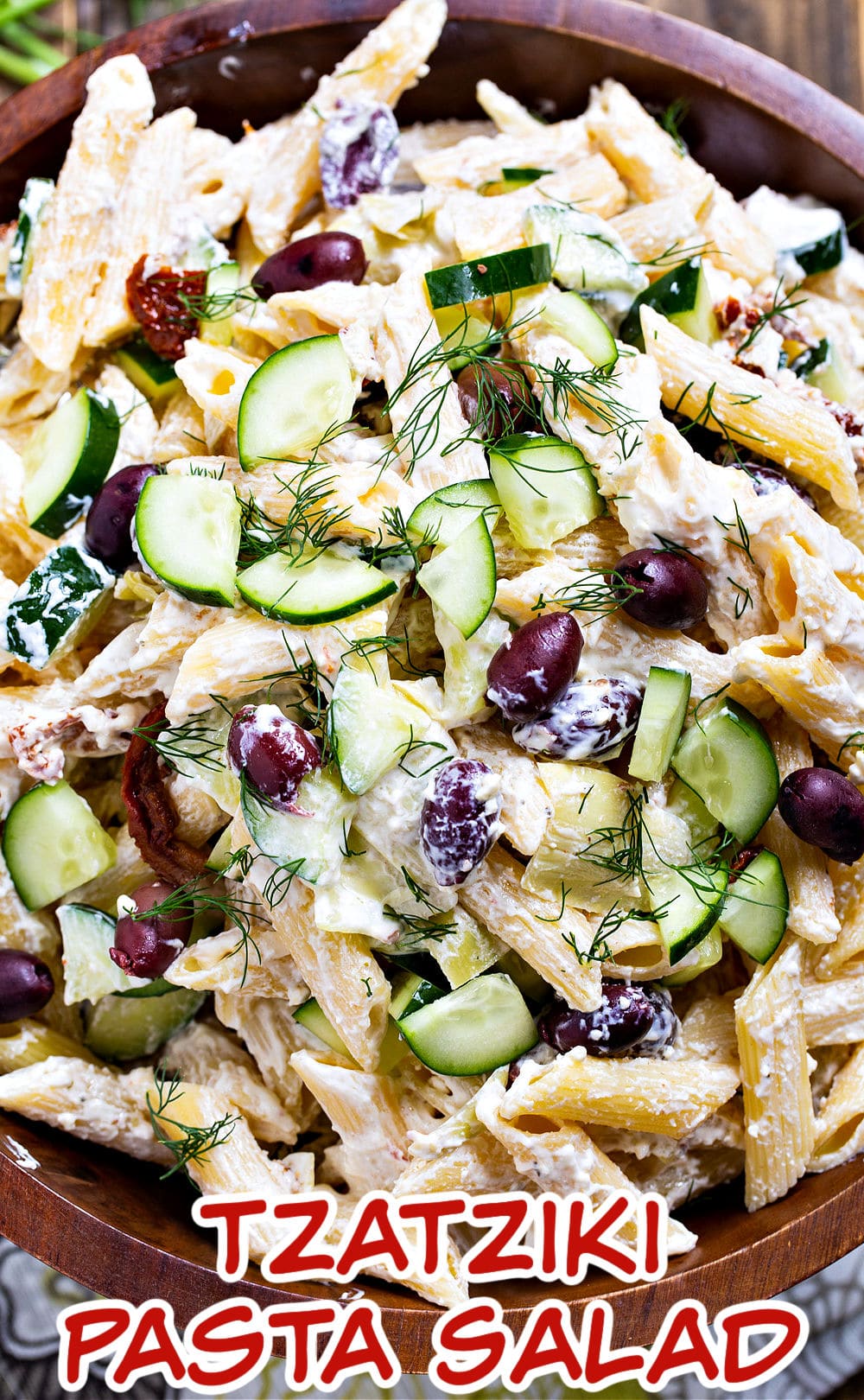 Pasta Salad in a large wooden bowl.