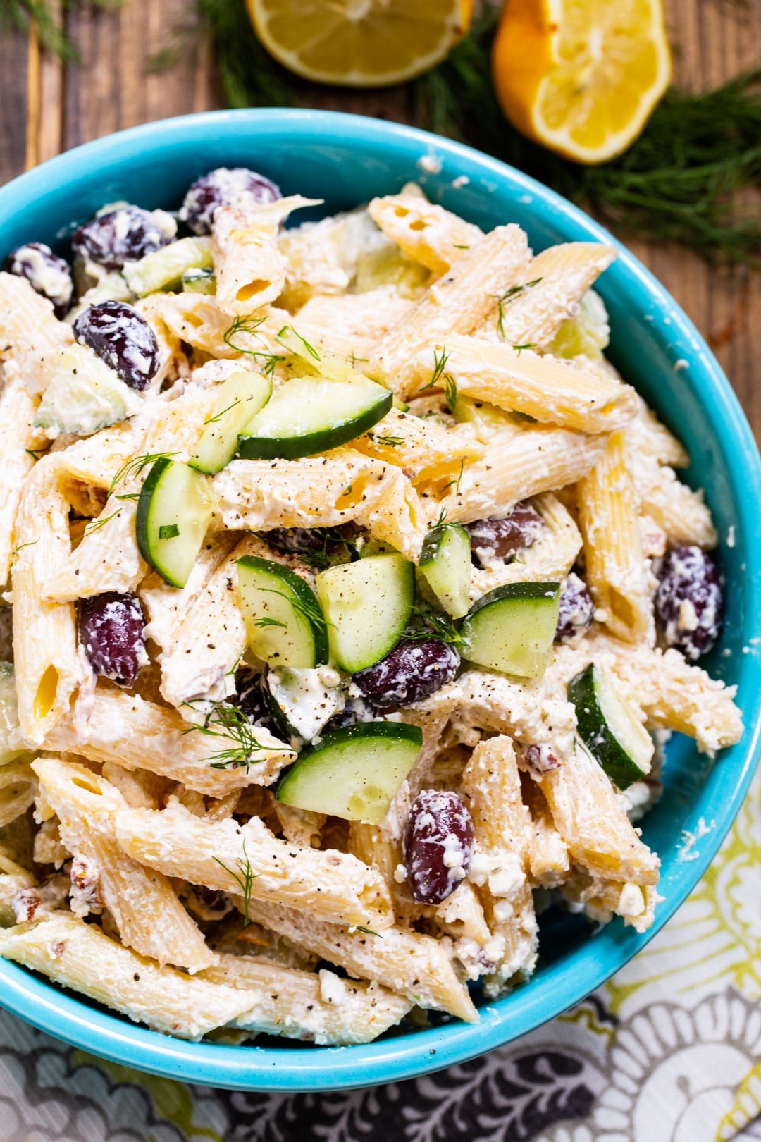 Tzatziki Pasta Salad in a blue bowl.