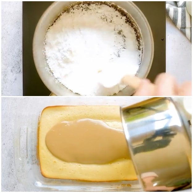 Pouring frosting on cake.