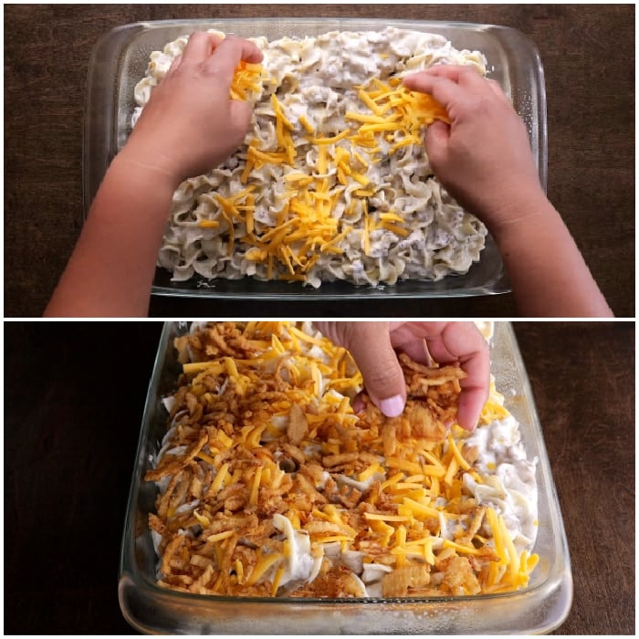 Sprinkling cheese and onions on top.