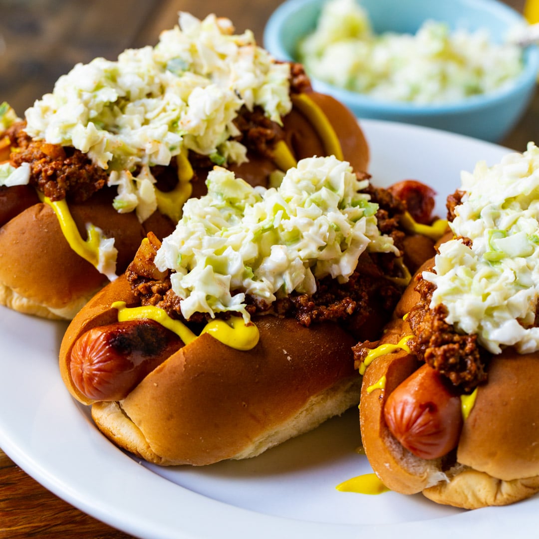 Three Carolina-Style Slaw Dogs on a plate.