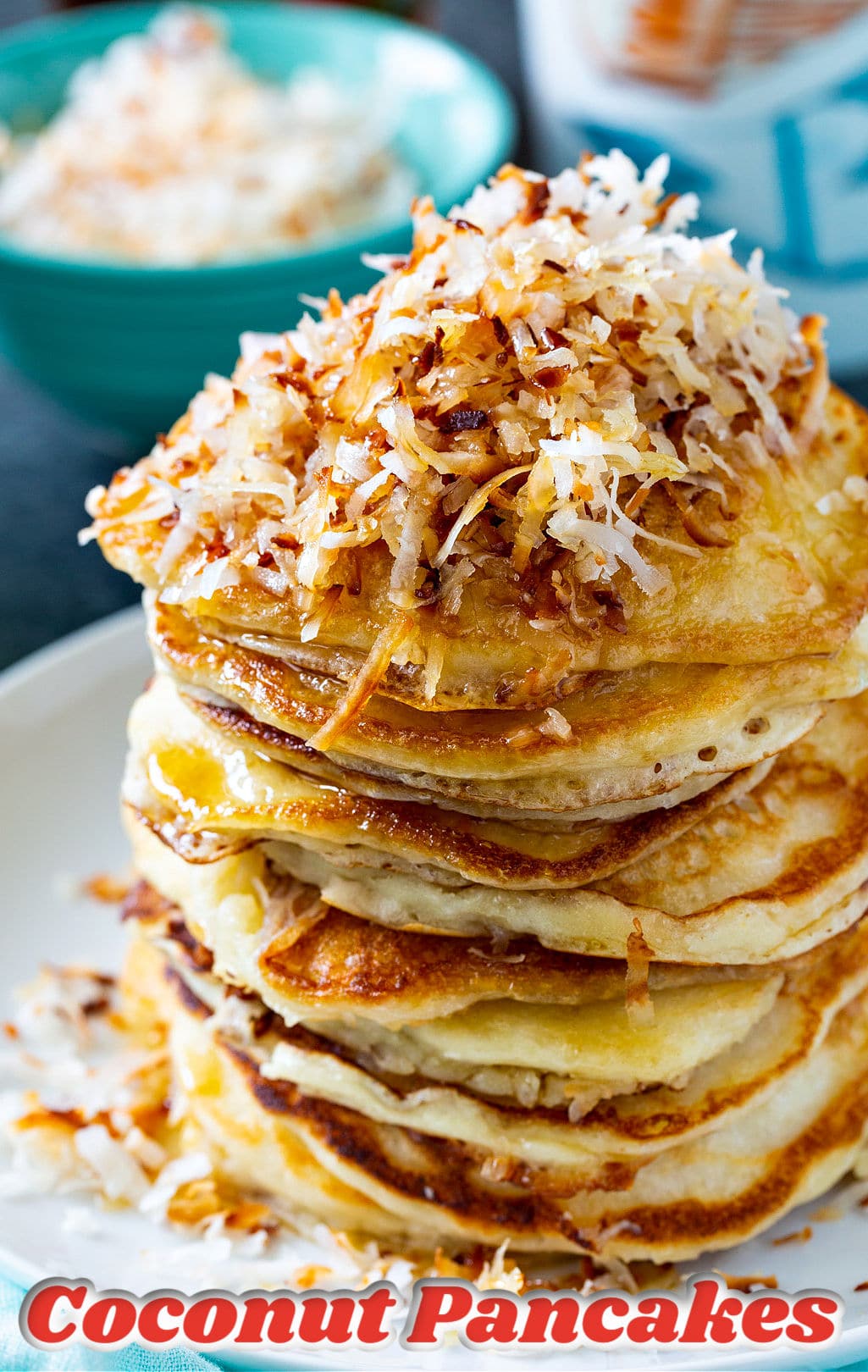 Stack of Coconut Pancakes on a plate.