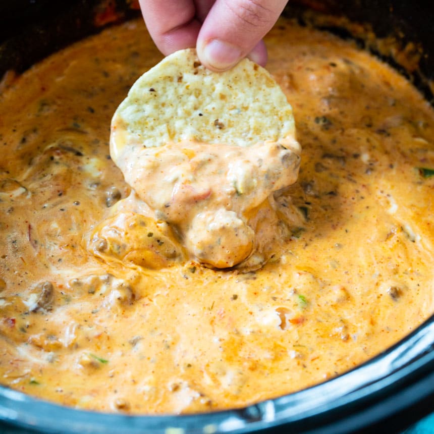 Slow Cooker Cream Cheese Taco Dip in a slow cooker.