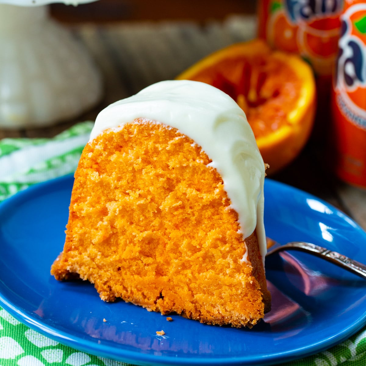 Slice of Fanta Pound Cake on a plate.