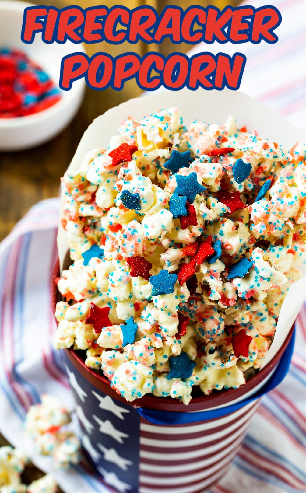 Firecracker Popcorn in a 4th of July container.