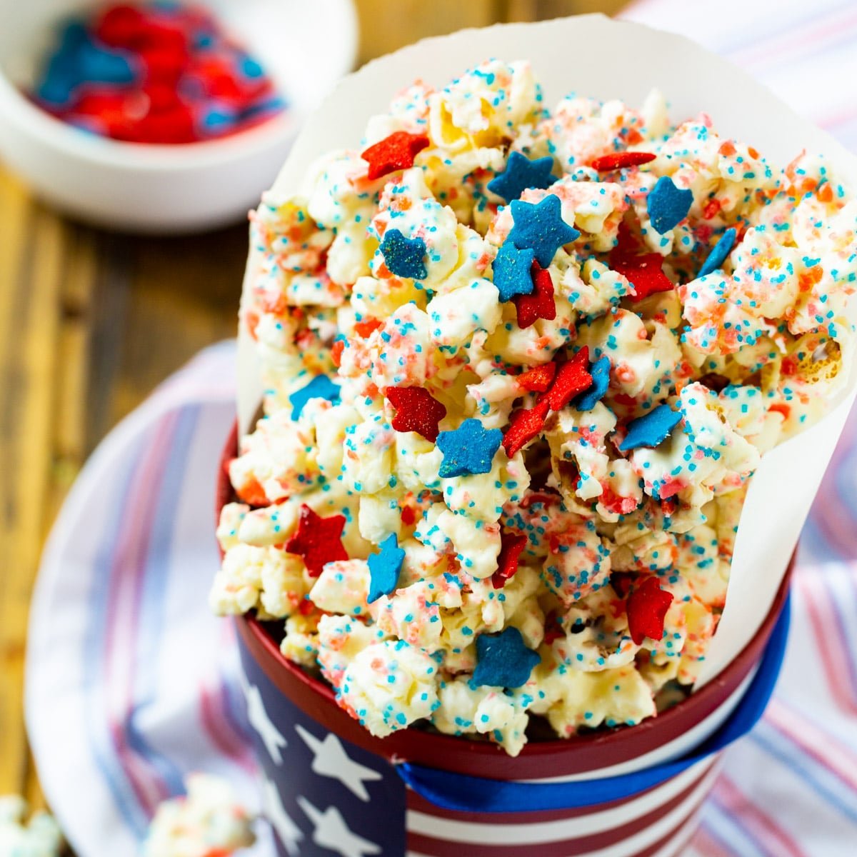 Firecracker Porcorn in a decorative 4th of July cup.