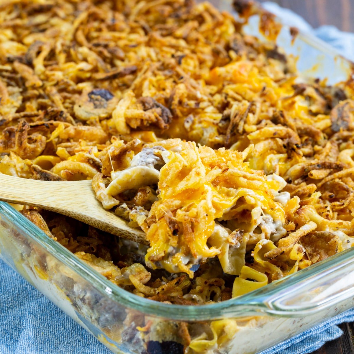 French Onion Beef Casserole in baking dish.