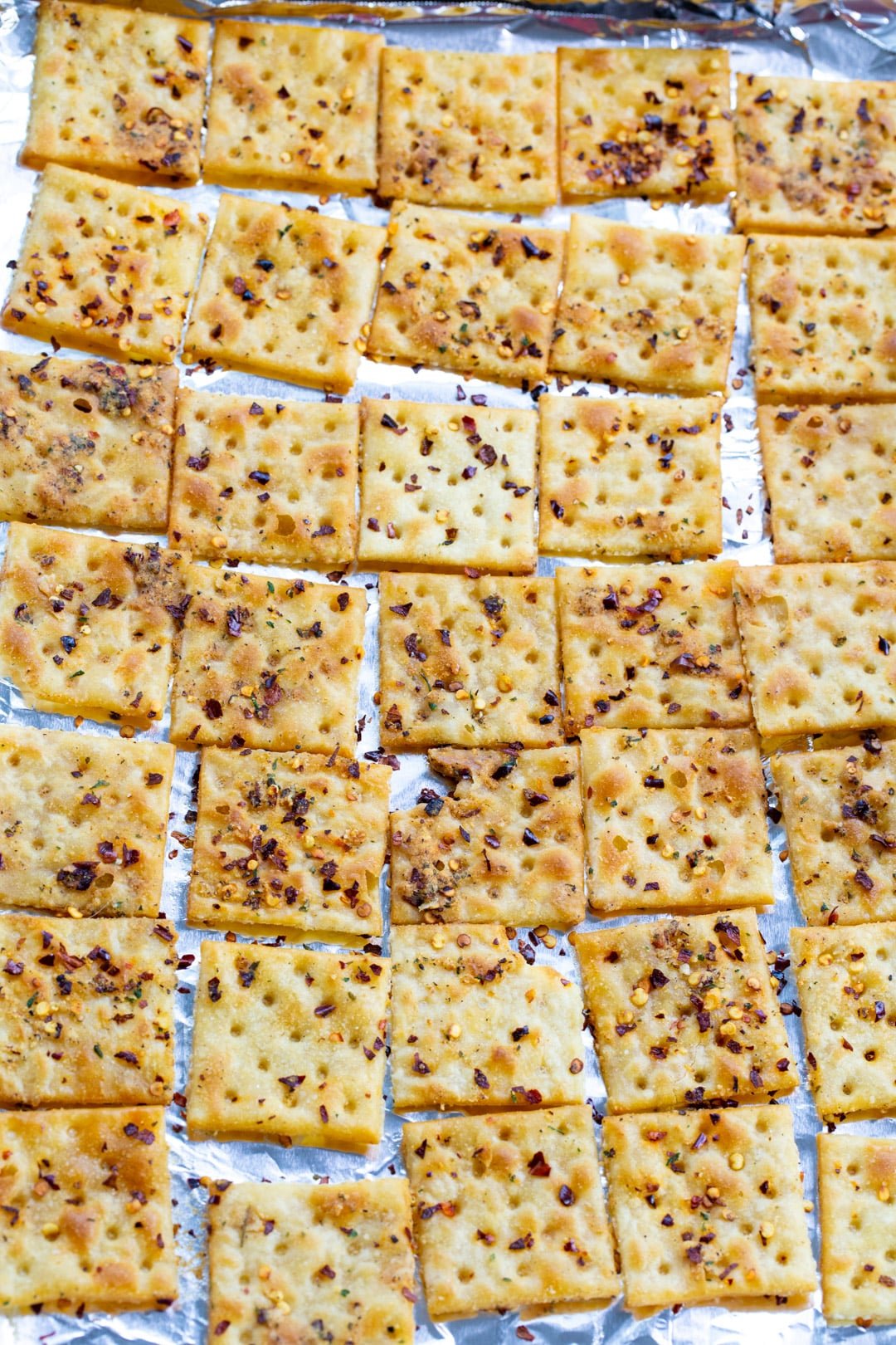 Crackers in a single layer of baking sheet.