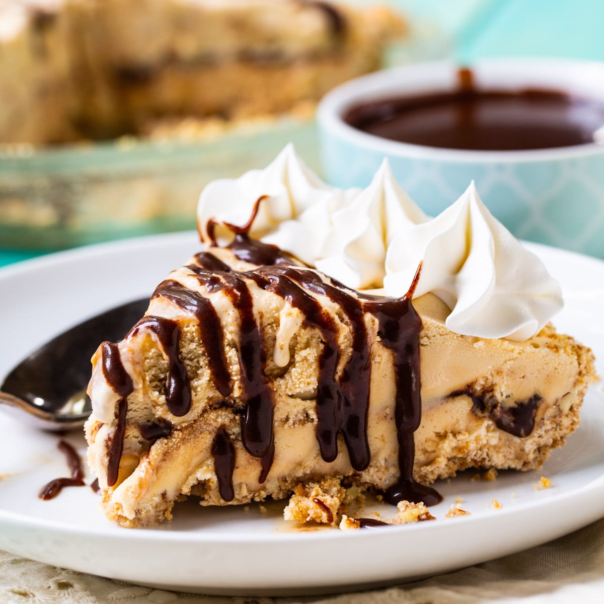 Slice of Dulce de Leche Ice Cream Pie on a plate.