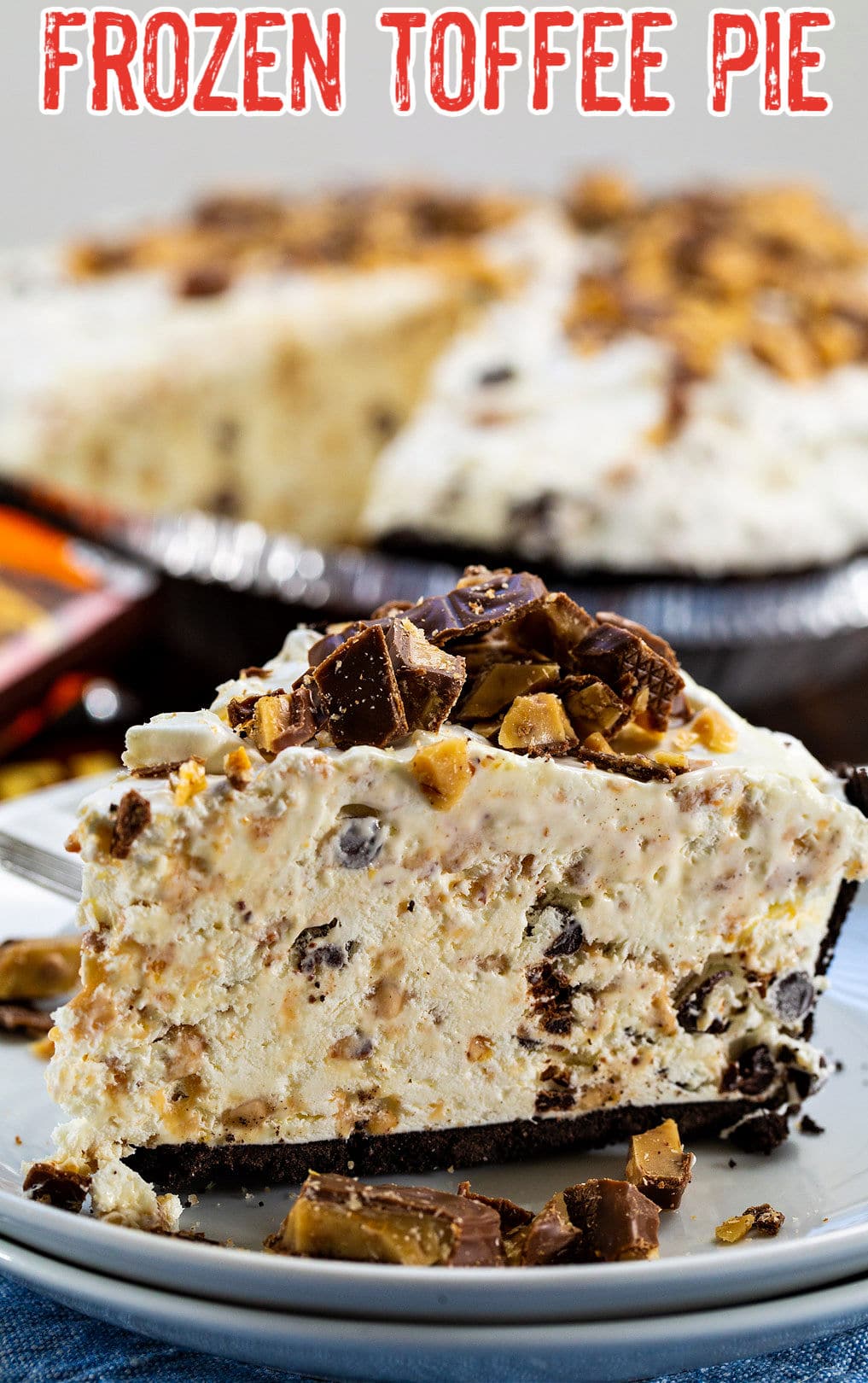 Slice of Frozen Toffee Pie topped with chopped heath bars.