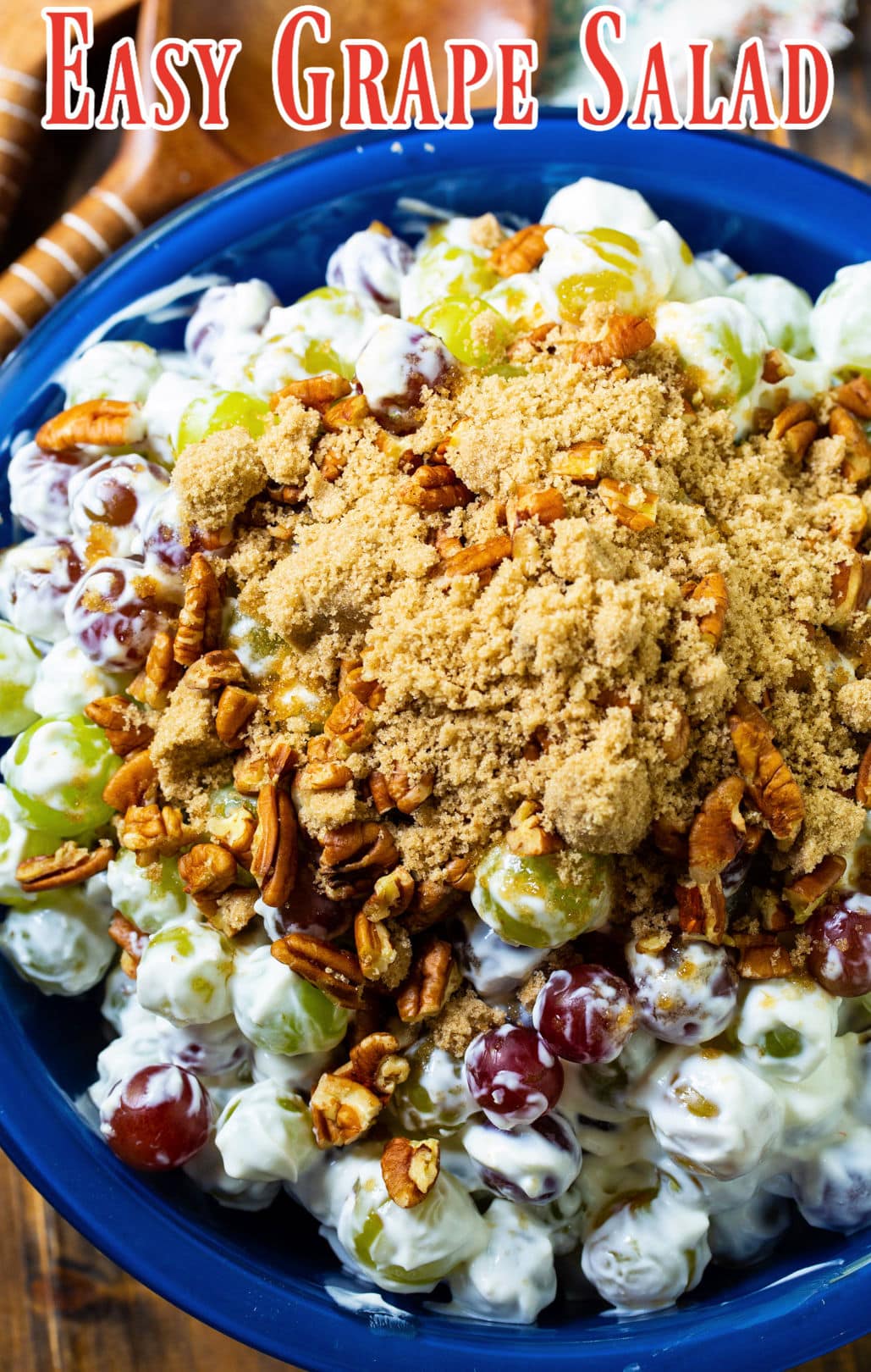 Easy Grape Salad in a blue serving bowl.