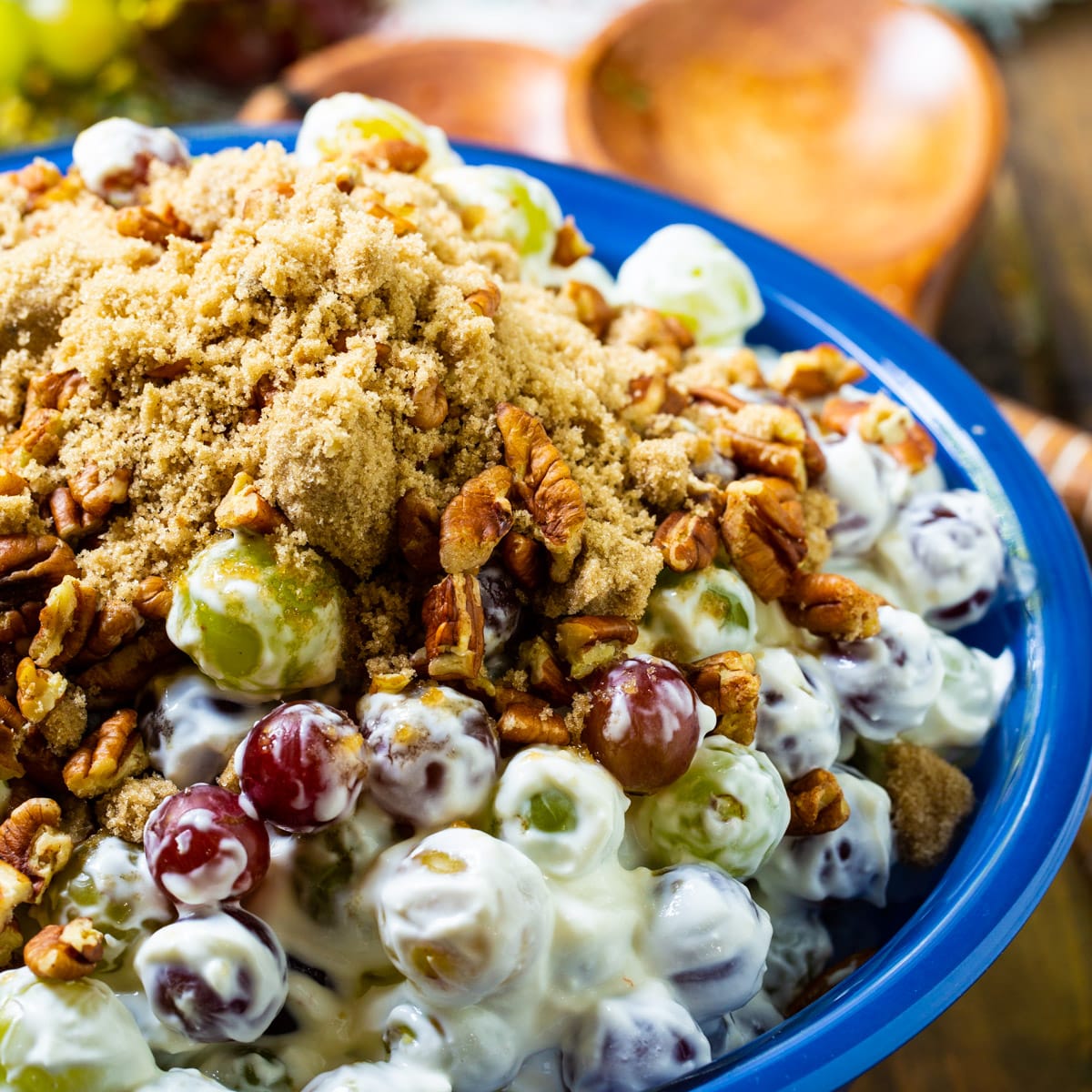 Easy Grape Salad in a blue serving bowl.