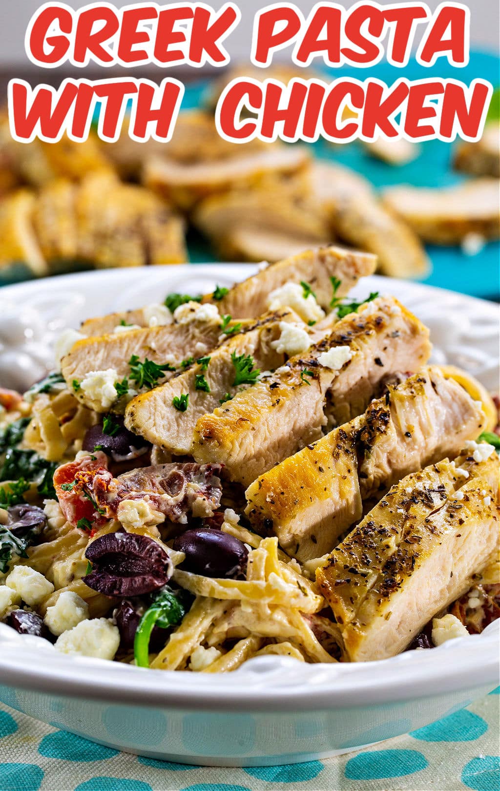 Greek Pasta with Chicken in pasta bowl.