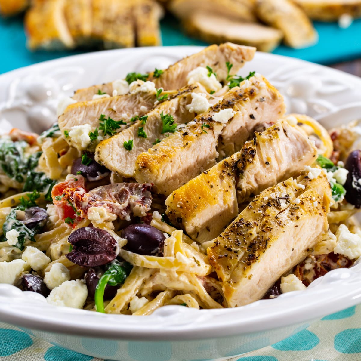 Greek Pasta with Chicken in a pasta bowl.