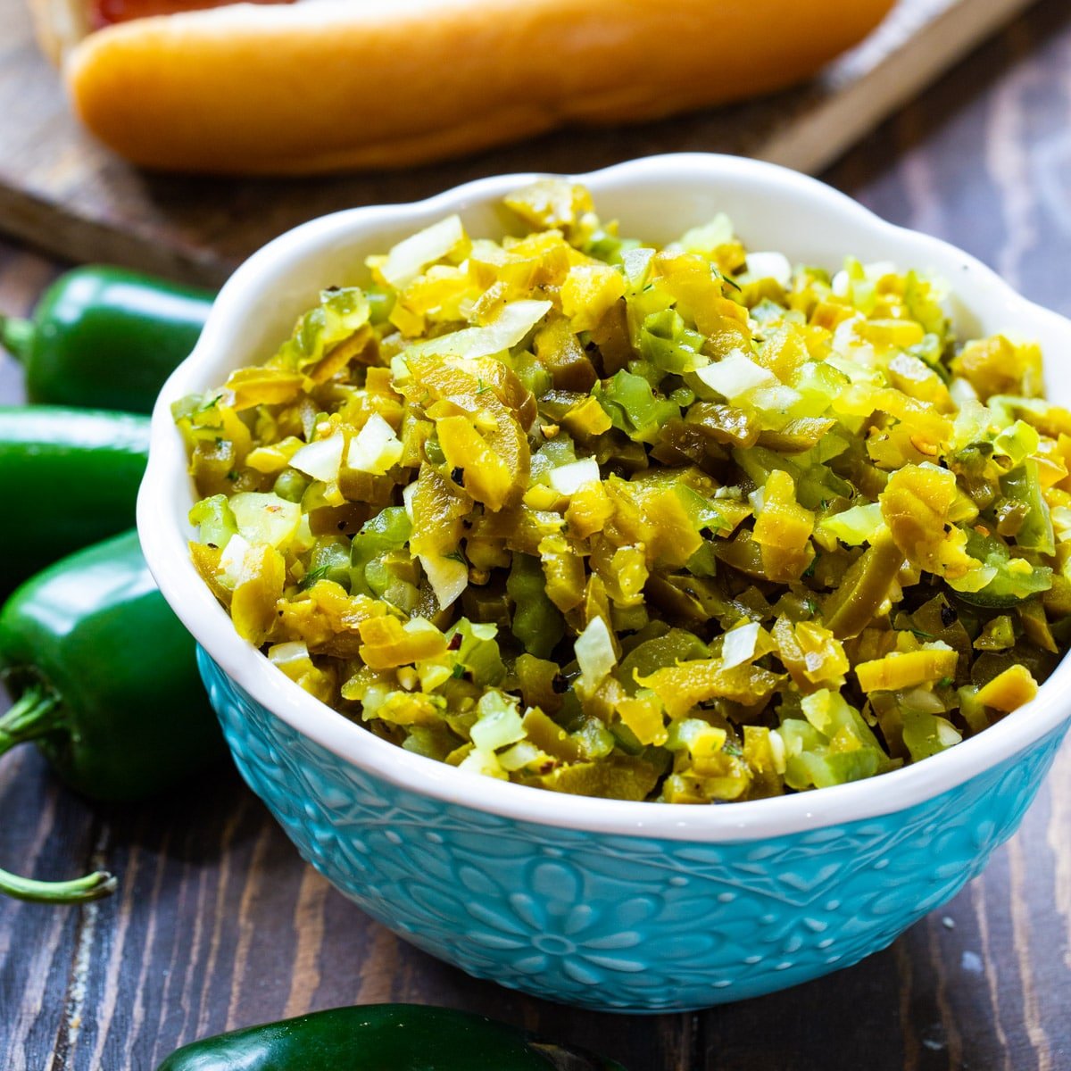 Jalapeno Relish in a blue bowl.