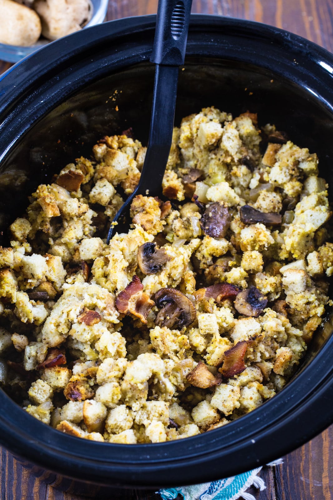 Bacon Mushroom Dressing in slow cooker.