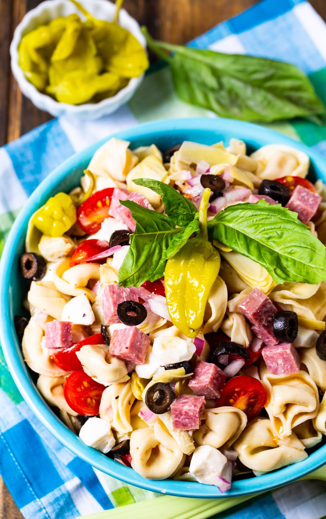 Tortellini Antipasto Pasta Salad in serving bowl.