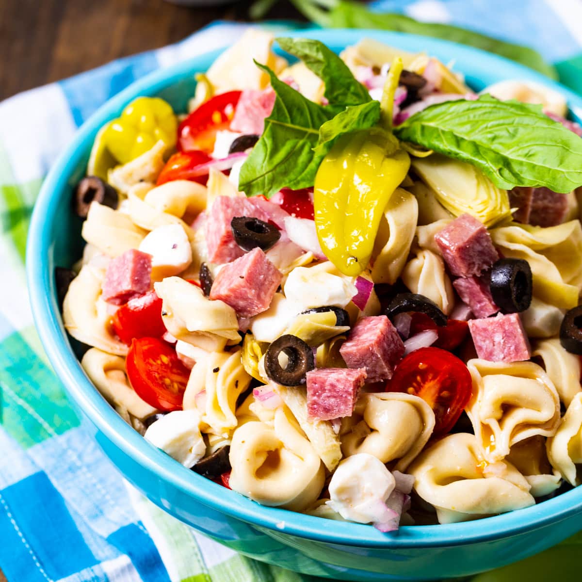 Tortellini Antipasto Pasta Salad in a blue bowl.