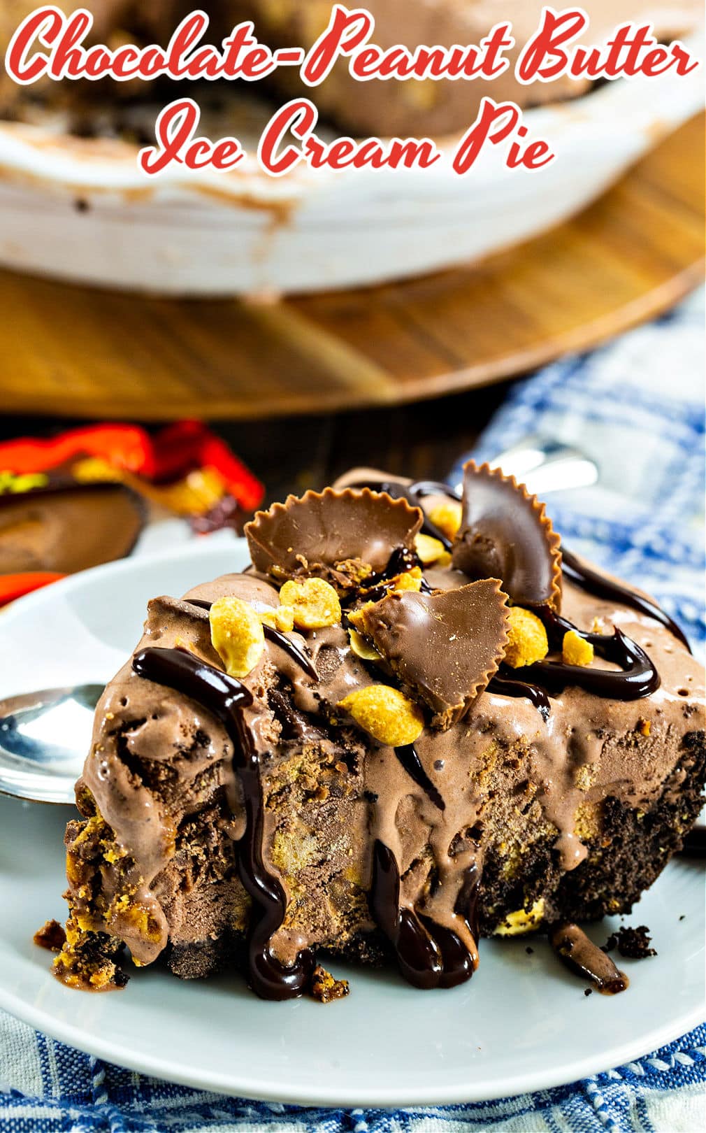 Slice of Chocolate-Peanut Butter Ice Cream Pie drizzled with fudge sauce.