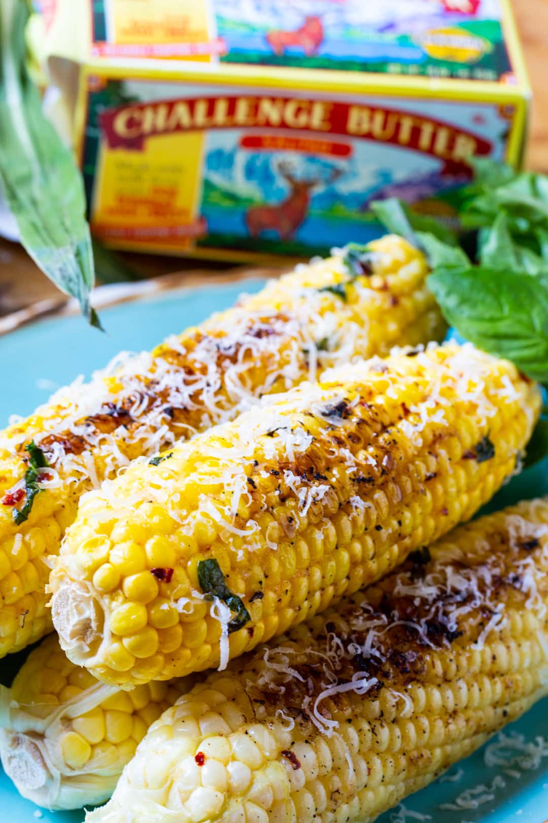 Grilled corn and box of Challenge Butter.