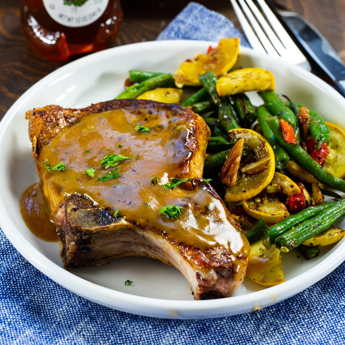 Honey Mustard Pork Chops served with green bean-squash saute.