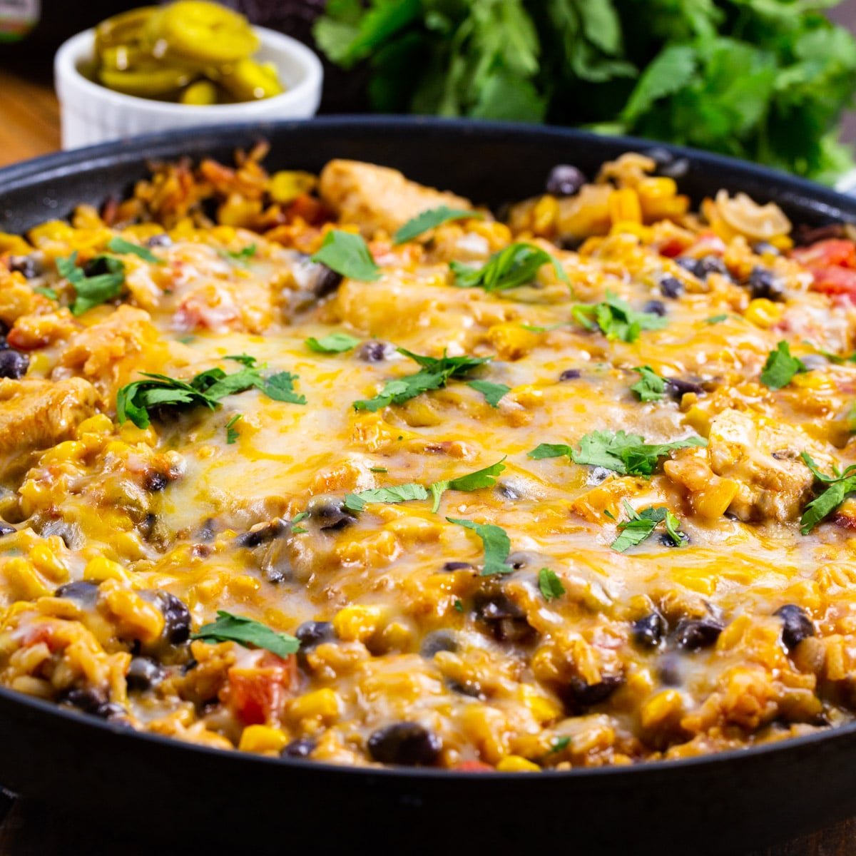 Mexican Chicken and Rice Casserole in a skillet.